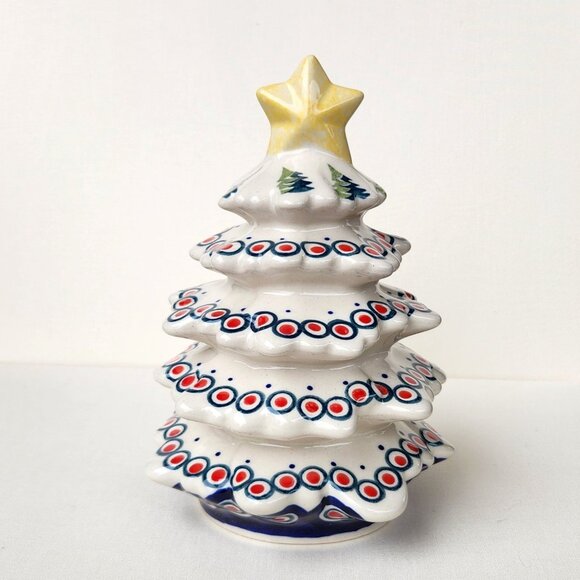 Boleslawiec Polish Pottery Peacock Pattern Christmas Tree w/Star Figurine Statue - Picture 5 of 6